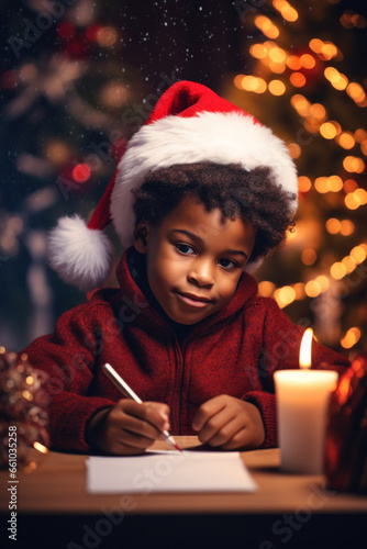 An African-American boy writes a letter to Santa Claus in a room decorated for Christmas.