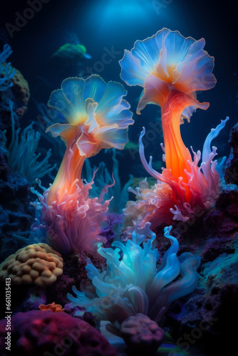 Fantastic bioluminescent underwater world, graceful glowing plants and colorful coral reef.