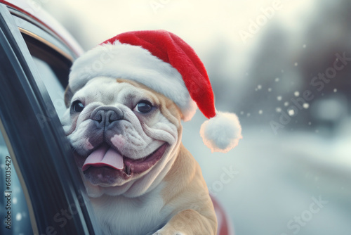 Cute doge wearing Santa Clause hat looking out the car window. Christmas pet. © Asmodar