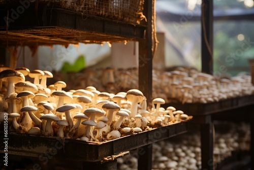 Organic mushrooms on a mushroom farm, cultivated naturally for mushroom production industry. Generative AI