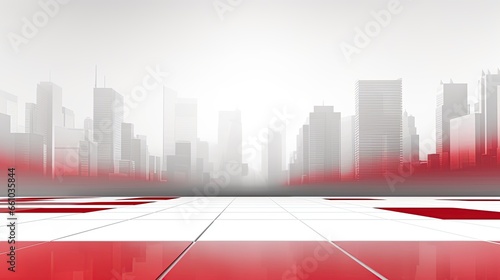 Modern grey skyline abstract style skyscraper buildings in blur on white and red background