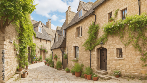 Fototapeta Naklejka Na Ścianę i Meble -  Medieval village, a quaint cluster of stone cottages nestled along cobblestone streets - AI Generative