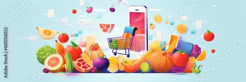 Grocery order and delivery app design on smartphone with animated fruit and veg markers banner. © olga_demina