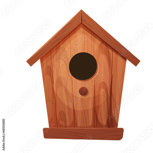 Wooden bird house, place for nest, empty decoration in cartoon style textured wood object isolated on white background. Springtime decoration, hanging home.