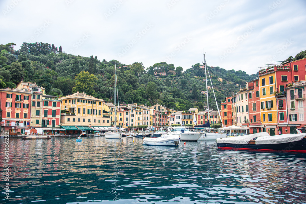 Panoramic View to colorfully painted building and see, Portofino Italy