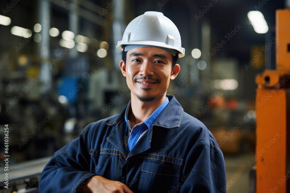 Smiling Asian man is a professional worker in a hard hat in a factory Smiling Asian man is a professional worker in a hard hat in a factory