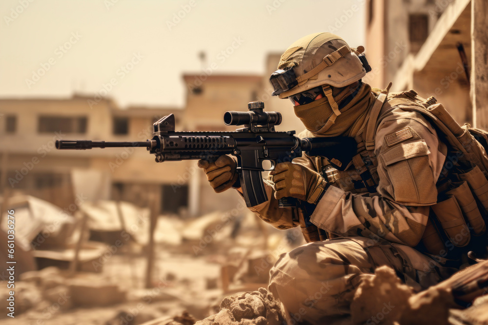 A soldier with an automatic weapon among the destruction aims at the enemy A soldier with an automatic weapon among the destruction aims at the enemy