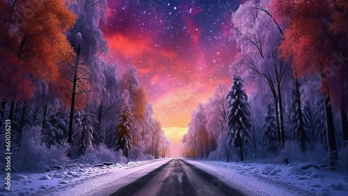 Road leading towards colorful sunrise between snow covered trees with epic milky way on the sky © Sobyasachi