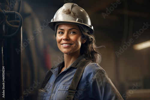Smiling girl - professional worker in a hard hat at a factory