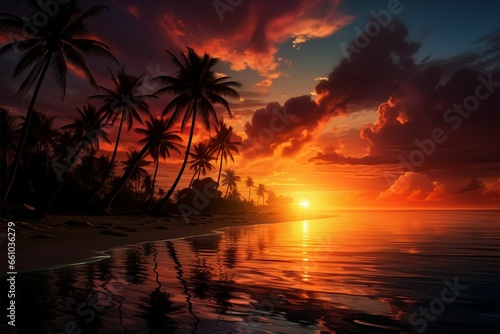 A vivid illustration of a tropical beach sunset with coconut palm © abdulmoizjaangda