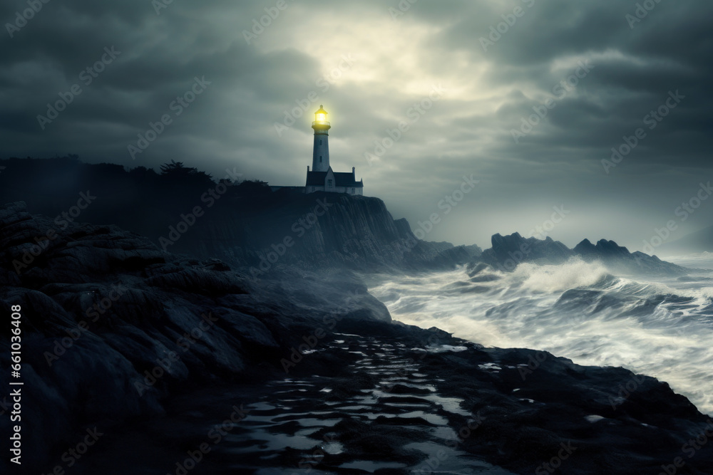 Mysterious lighthouse on a deserted island, shrouded in mist, eerie and atmospheric setting.