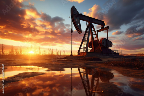 Oil pump against the backdrop of the setting sun. Mining photo