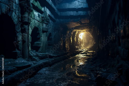 A mysterious underground abandoned sewage tunnels illuminated by light bulbs.