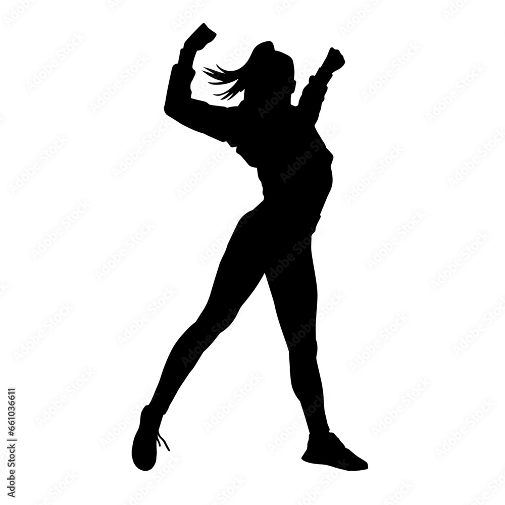 Silhouette of a slim female dance pose. Silhouette of a female in aerobic movement.