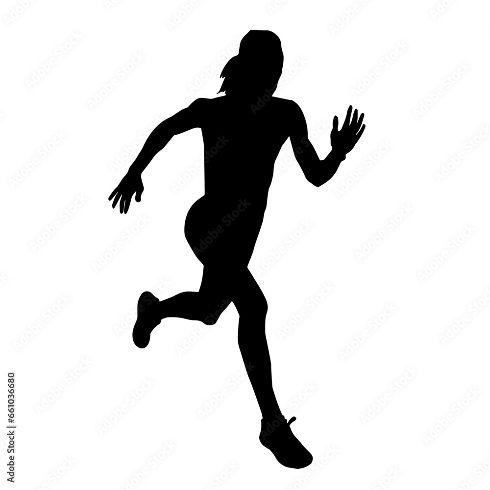 Silhouette of a sporty woman in running pose. Silhouette of a female run pose. Silhouette of a sporty woman in running pose. Silhouette of a female run pose.