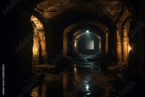 Enigmatic subterranean urban center lit by rows of light bulbs. Desolate underground sewage passageways.