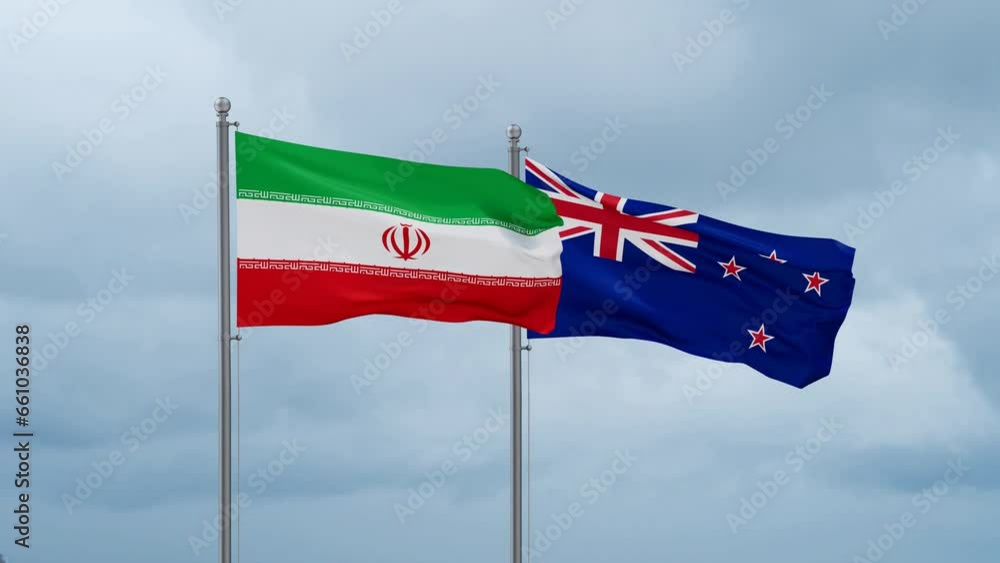 New Zealand and Iran flag waving together on cloudy sky, endless seamless loop, two country cooperation concept New Zealand and Iran flag waving together on cloudy sky, endless seamless loop, two country cooperation concept
