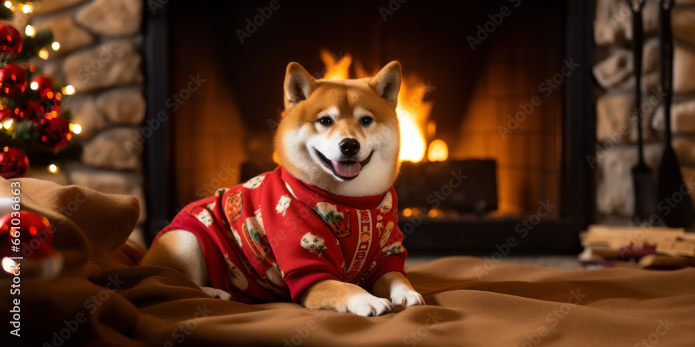 Shiba Inu dog in a cozy Christmas sweater, snuggled by the fireplace.