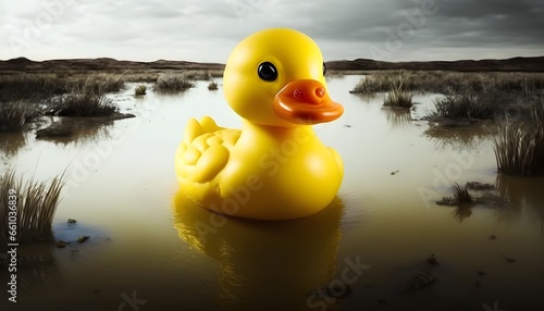 Wide angle the poetry of the deserted swampy plains everything is quiet and slightly windy many yellow rubber duck toys are floating some are flying2  photo