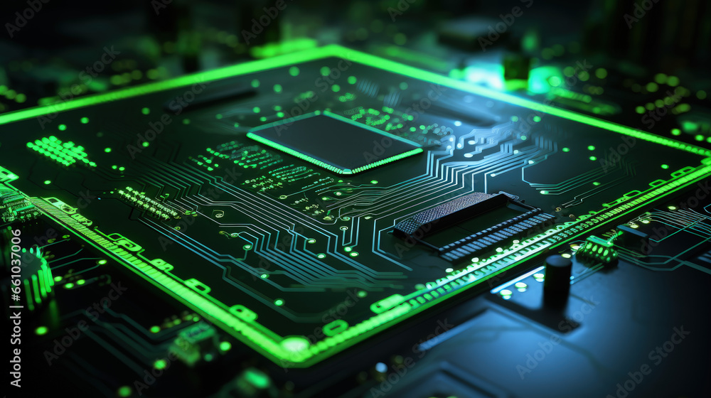 Futuristic green integrated circuit glowing with vibrant green light, showcasing advanced technology Futuristic green integrated circuit glowing with vibrant green light, showcasing advanced technology