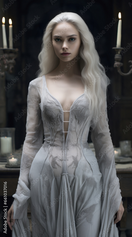 Portrait of a Gothic woman with silver hair against the background of a dark candlelit room.