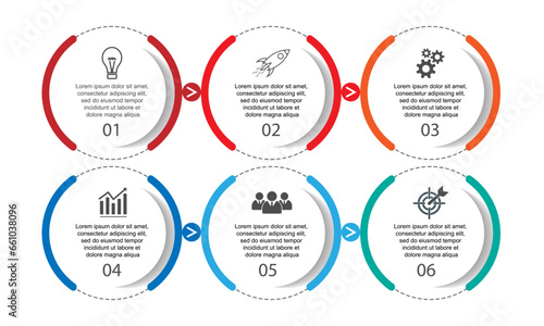 infographic template design, minimalist concept, interconnected circles with 9 steps, lines and colors in each step, good for your business presentation