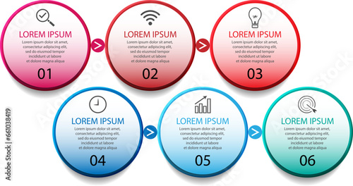 infographic template design, minimalist concept, interconnected circles with 9 steps, lines and colors in each step, good for your business presentation