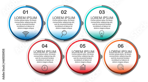 infographic template design, minimalist concept, interconnected circles with 9 steps, lines and colors in each step, good for your business presentation