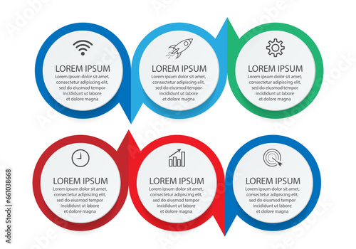 infographic template design, minimalist concept, interconnected circles with 9 steps, lines and colors in each step, good for your business presentation