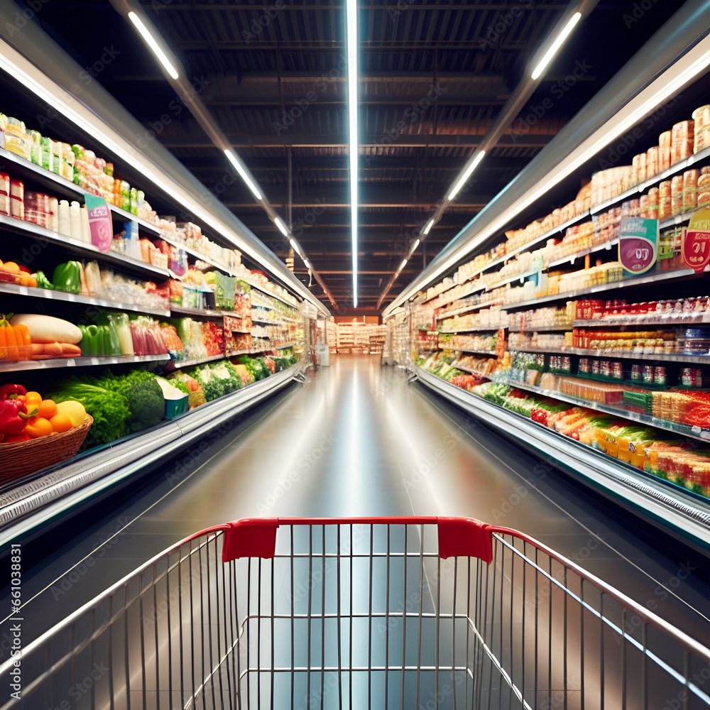 Shopper's perspective, POV, down a brightly lit grocery store aisle, with a shopping cart, fresh produce and packaged goods on display aisles