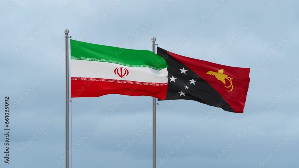 Papua New Guinea flag and Iran flag waving together on cloudy sky, endless seamless loop, two country relations concept Papua New Guinea flag and Iran flag waving together on cloudy sky, endless seamless loop, two country relations concept