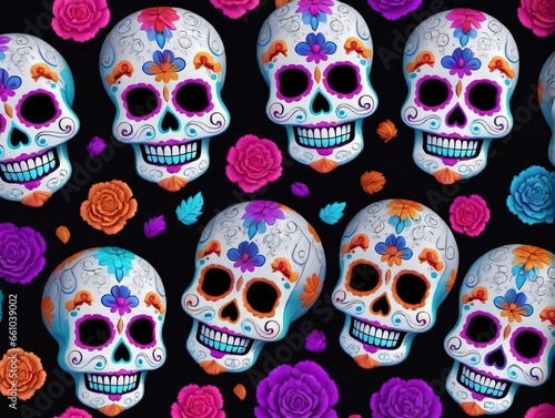 A Group Of Skulls With Colorful Flowers And Butterflies