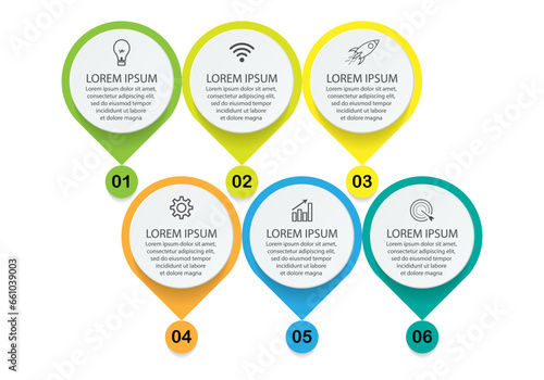 infographic template design, minimalist concept, interconnected circles with 9 steps, lines and colors in each step, good for your business presentation photo