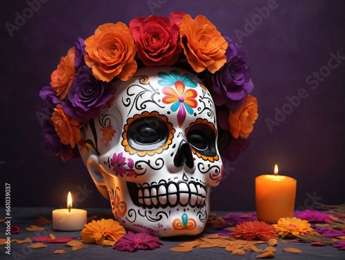 A Skull With Flowers And Candles On A Table