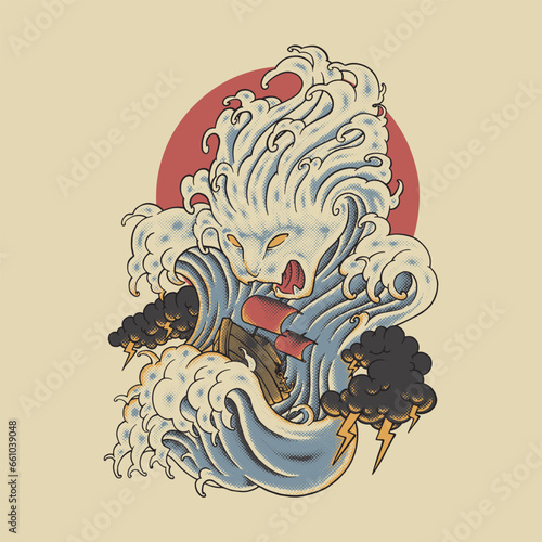 retro cartoon illustration of tiger waves