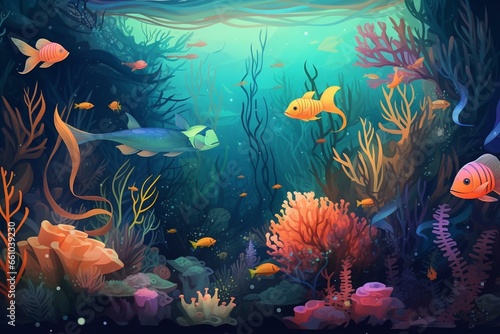 Whimsical beauty of an underwater world in a realistic and imaginative cartoon artwork. Perfect for wallpaper, stories, and card designs. Generative AI