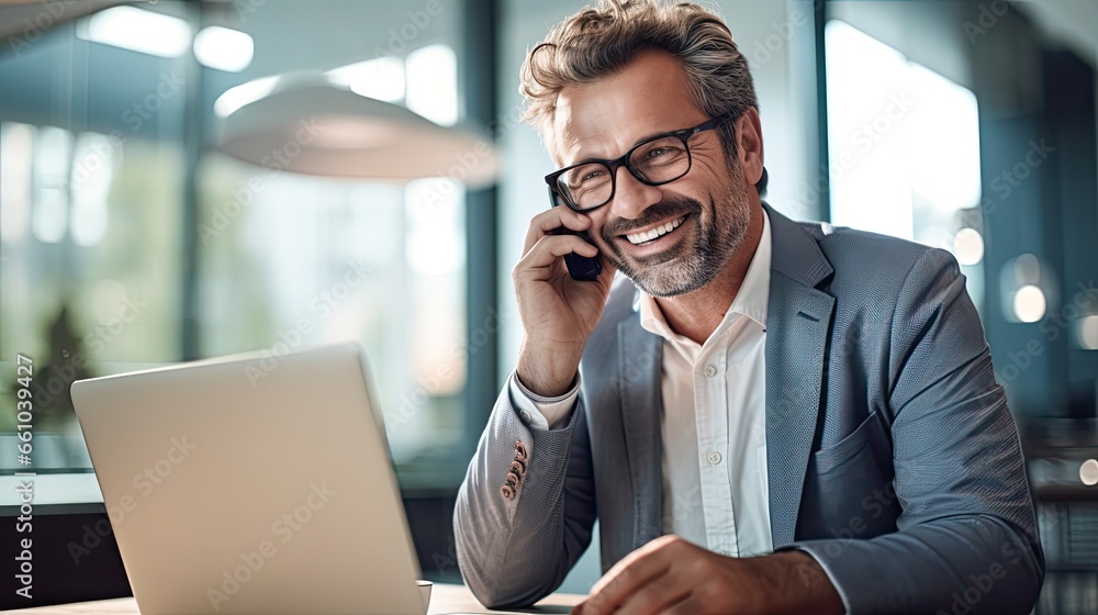 Happy busy mid aged business man professional expert or entrepreneur making phone call speaking with client communicating on cellphone using laptop computer sitting at desk in office. Copy space Happy busy mid aged business man professional expert or entrepreneur making phone call speaking with client communicating on cellphone using laptop computer sitting at desk in office. Copy space