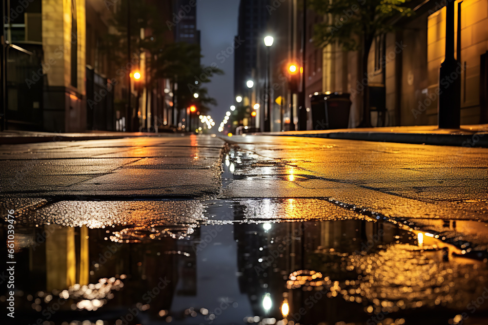  The atmosphere is thick with humidity as the wet pavement reflects the glow of the street lights in a small town