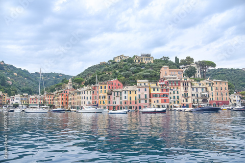 Panoramic View to colorfully painted building and see, Portofino, Italy