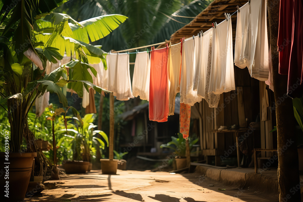 Clothes hang on a line, appearing to dry slowly as they absorb the