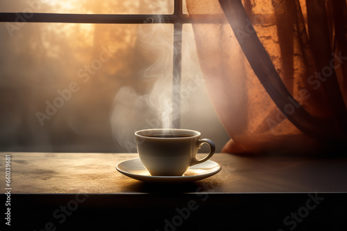 A hot cup of coffee steaming profusely, as the humidity in the room causes the steam to linger longer than usual