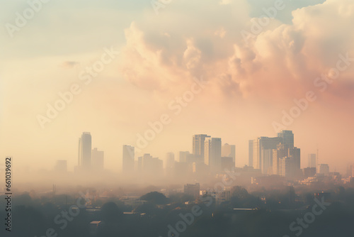 A panoramic view of a city under a sky thick with humidity, the buildings almost obscured by the haze