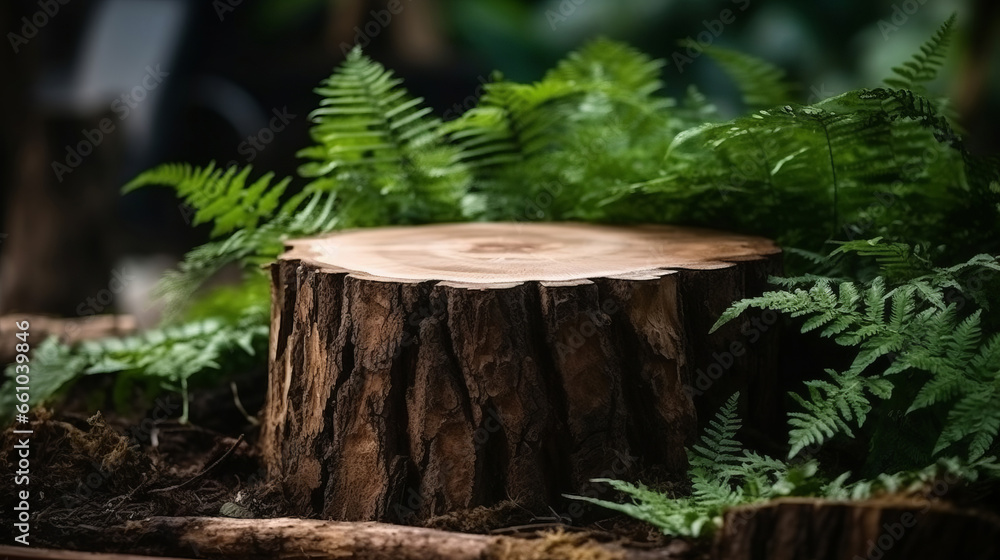 Tree stump in green forest with copyspace. Marketing advertising platform Tree stump in green forest with copyspace. Marketing advertising platform