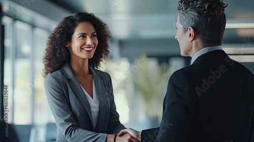 Fototapeta Naklejka Na Ścianę i Meble -  Happy mature Latin business woman manager or lawyer handshaking client at office meeting. Smiling professional businesswoman and businessman shake having partnership agreement with handshake