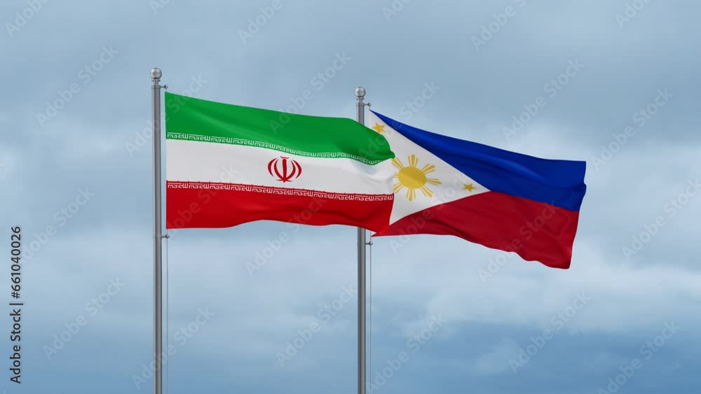 Philippines and Iran flag waving together on cloudy sky, endless seamless loop, two country cooperation concept Philippines and Iran flag waving together on cloudy sky, endless seamless loop, two country cooperation concept