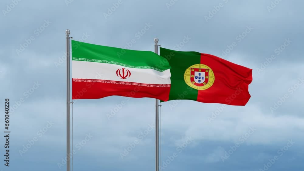Portugal and Iran flag waving together on cloudy sky, endless seamless loop, two country cooperation concept Portugal and Iran flag waving together on cloudy sky, endless seamless loop, two country cooperation concept