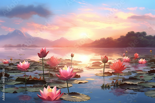 Lotus flowers on a lake in sunset