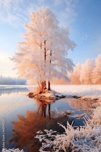 Frozen nature in winter, frozen lake and forest