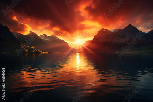 Sunrise on a lake with mountains in background