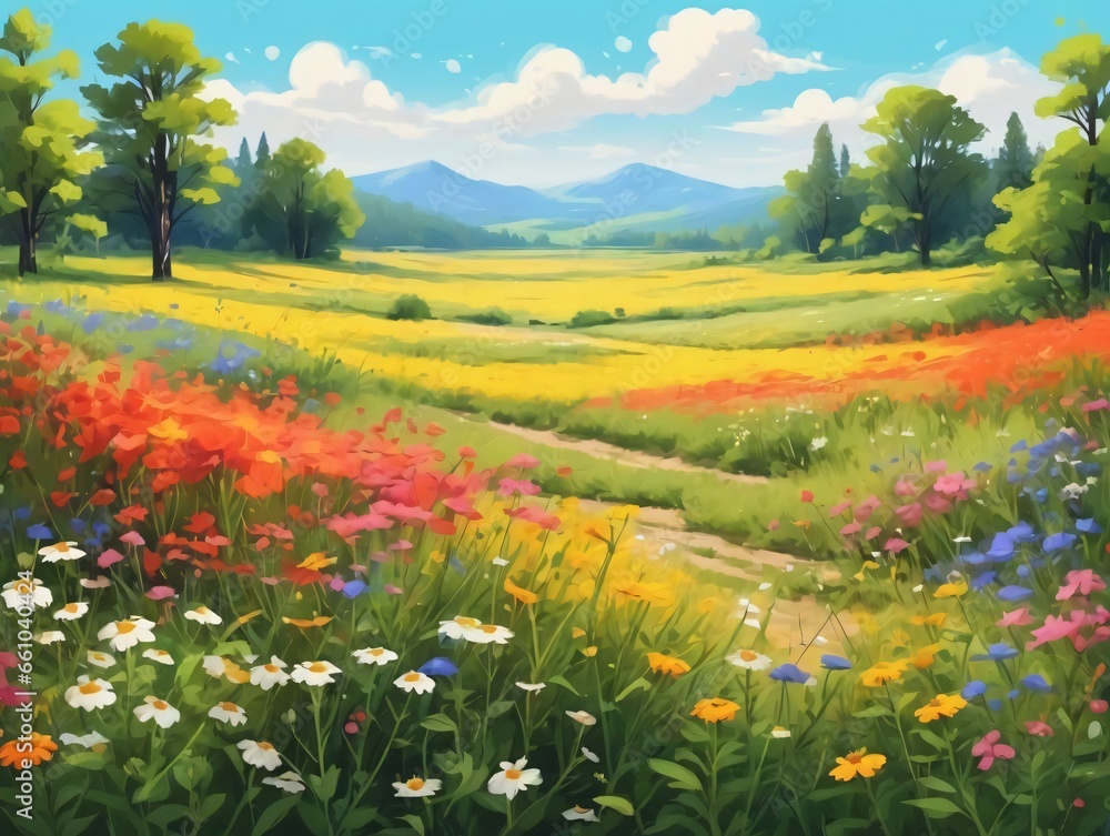 A Painting Of A Field With Flowers And Trees